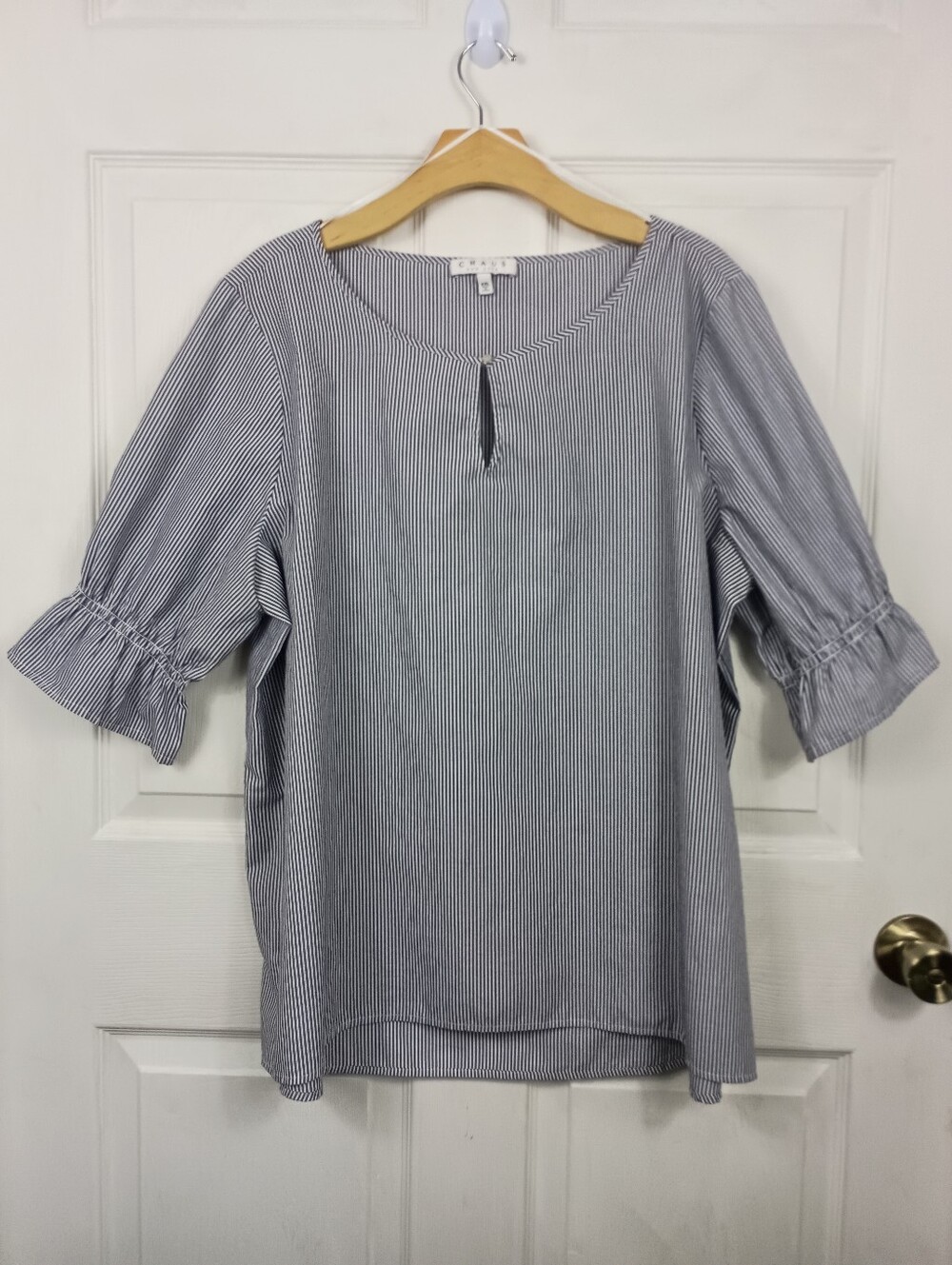 Chaus Blouse Top XXL Womens Blue Stripe Keyhole Cottagecore Smocked Sleeve